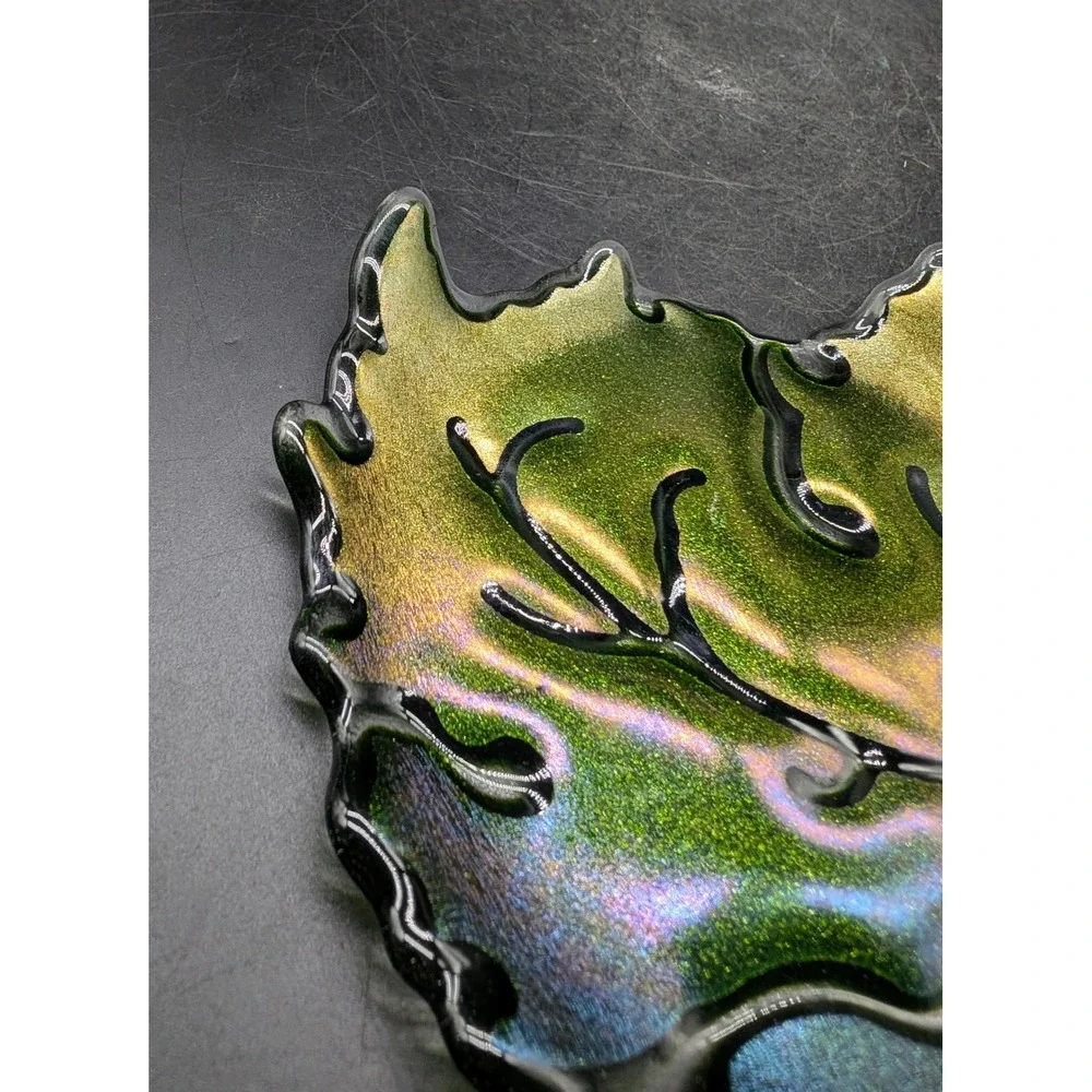 Claritas Studio Fused Art Glass Leaf Dish Iridescent Green Gold M Leeds Signed